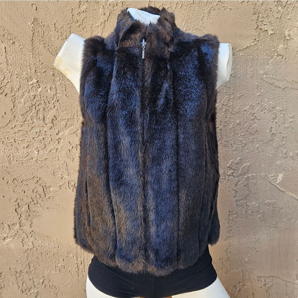NWOT Worthington Reversible Brown and Black Faux Fur Faux Leather Zip-up Vest